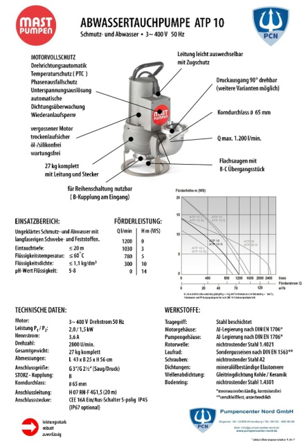 Mast Abwassertauchpumpe ATP10 400V Datenblatt