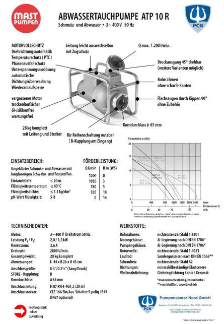 Mast Abwassertauchpumpe ATP10R 400V Datenblatt