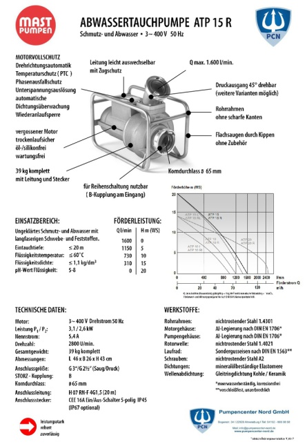 Mast Abwassertauchpumpe ATP15R 400V Datenblatt