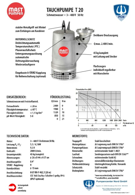 Mast Tauchpumpe T20 400 V 2400 l/Minute Datenblatt
