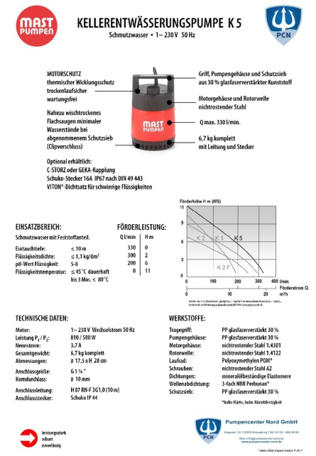 Datenblatt für Mast Kellerentwässerungspumpe K5 ohne Schwimmer Förderrate bis zu 330 liter/min.