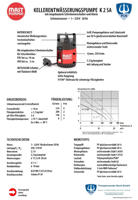 Datenblatt für Mast Kellerentwässerungspumpe K2SA mit internem Schwimmerschalter, 230 Volt, 10m Anschlusskabel, serienmäßige Flachsaugeinrichtung,